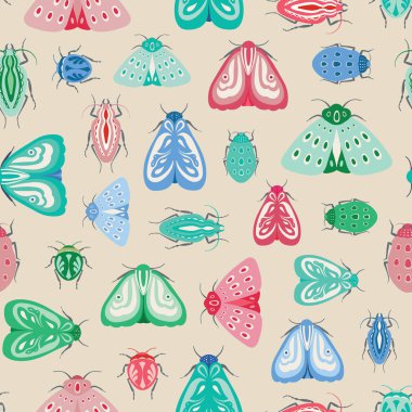 Renkli güveler ve böcekler sorunsuz tekrar desen. Böceklerin ve böceklerin vektör tasarımı.