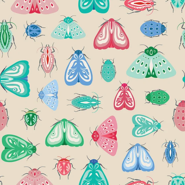 Polillas coloridas y escarabajos patrón de repetición sin costuras. Un diseño vectorial de insectos e insectos . — Archivo Imágenes Vectoriales