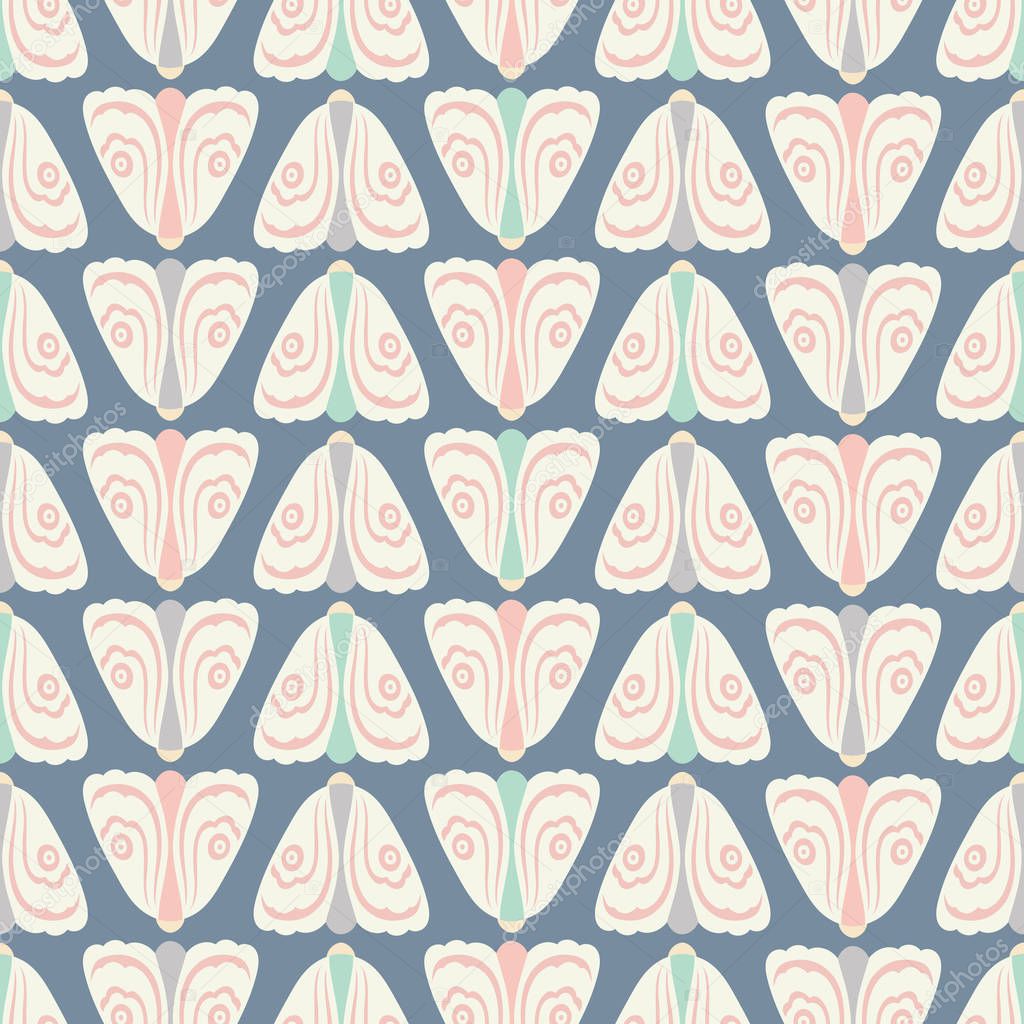 Seamless geometric pattern background of pastel coloured moths in rows . A nature vector background of insects.