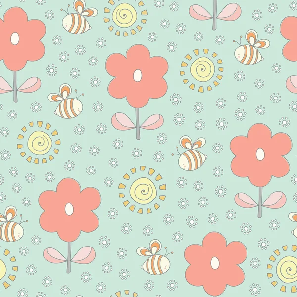 Seamless repeat of bees, flowers and sunshine. A sweet hand drawn vector floral and pollinator design ideal for children. — Stock Vector