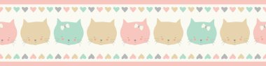 Pastel renklerde tatlı kedi yüzleri Kenarlık tekrar desen. Çocuklar ve bebekler için dikişsiz vektör kenar tasarımı idealdir.