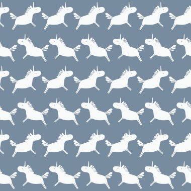 Seamless repeat of white unicorn silhouette stripe on a grey background. A vector surface pattern design ideal for children. clipart