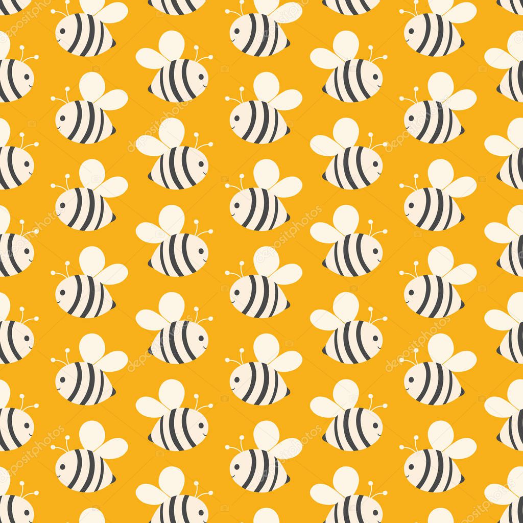 Seamless geometric repeat of bees on a yellow background. A sweet hand drawn vector pollinator design ideal for children.