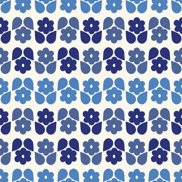 Бесшовный повторяющийся рисунок стилизованных голубых цветов индиго и листьев в геометрическом рисунке. Современный цветочный векторный дизайн . — стоковый вектор