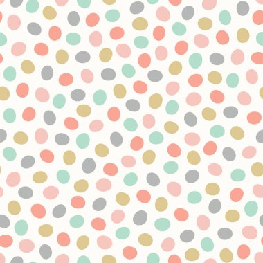 Sorunsuz tekrar el çizilmiş polka nokta deseni attı. Vektör tasarım arka planda sevimli pastel renkli lekeler.