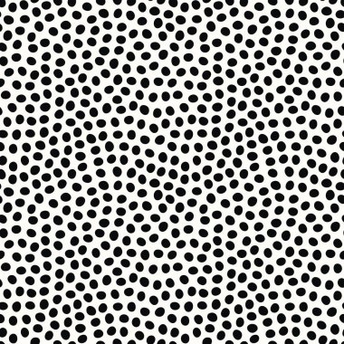 El çizilmiş polka nokta dikişsiz tekrar desen attı. Soyut vektör tasarım arka planında siyah noktalar.