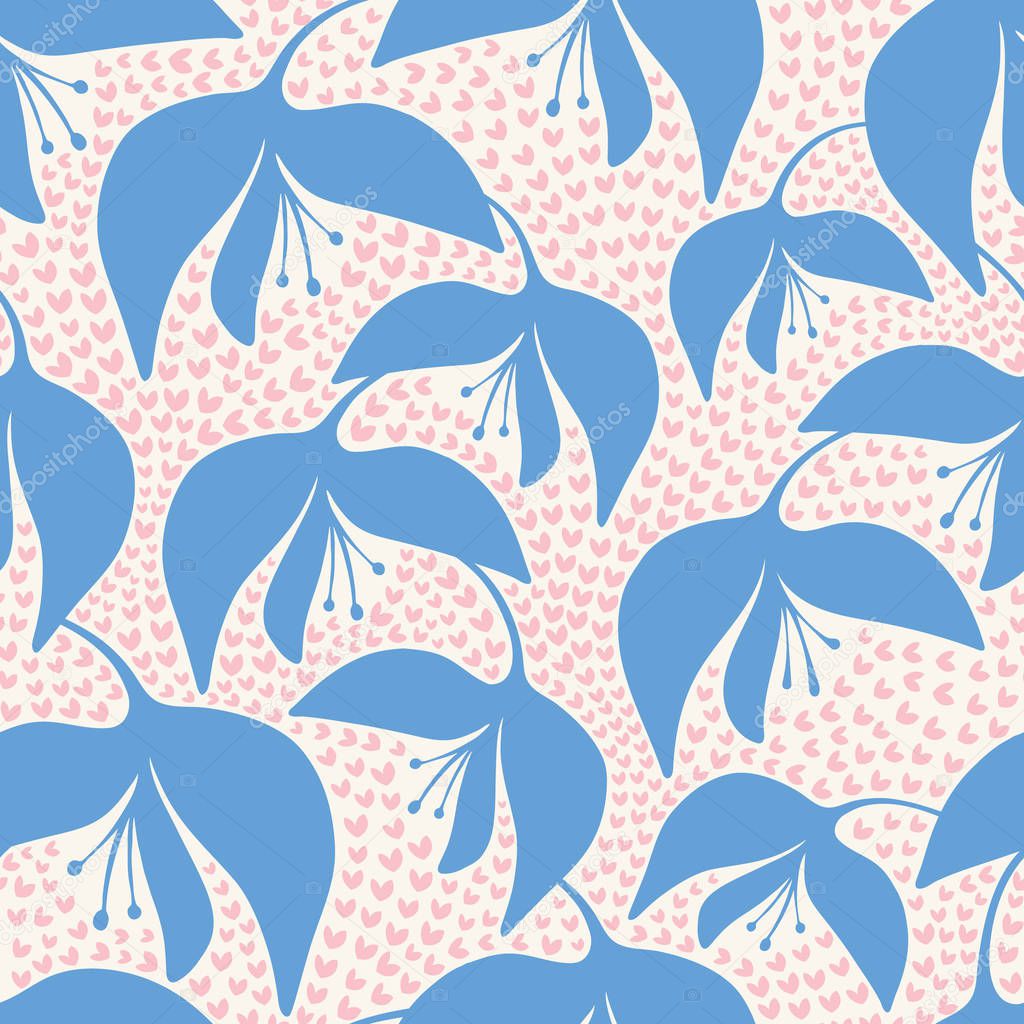 Hanging flowers and heart pattern in blue, pink and cream. A pretty hand drawn floral vector repeat pattern design.