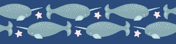 Narwhal nahtloses Randmuster mit Sternen. ein niedliches, handgezeichnetes Sea Life Vektor Design, ideal für Band, Band oder Randbesatz. — Stockvektor