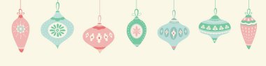 Noel asılı yeşil, pembe ve mavi desen tasarımı baubles. Dikişsiz vintage tarzı vektör mevsimsel illüstrasyon.