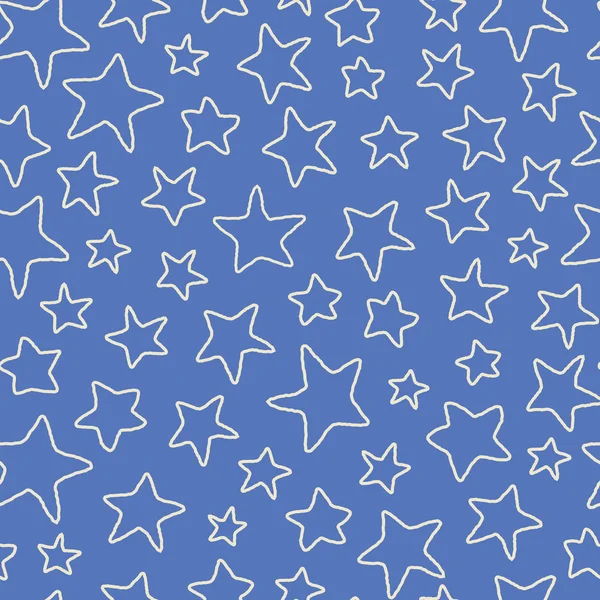 楽しい輪郭を描いた星は、青と白でシームレスなパターンをまといました。手描きベクトルリピートデザイン背景. — ストックベクタ