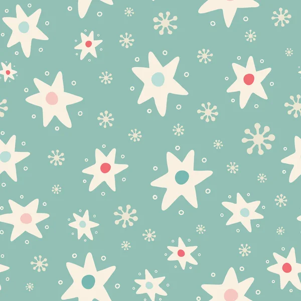 Natal jogado estrela e floco de neve sem costura fundo padrão. Design de repetição de vetor sazonal desenhado à mão em cores vintage . — Vetor de Stock