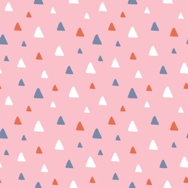 Pembe, turuncu, beyaz ve gri el çizilmiş üçgentatlı vektör sorunsuz tekrar desen. Eğlenceli bir rasgele tekrar tasarım arka plan.