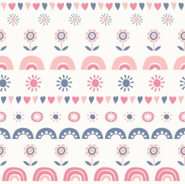Gökkuşaklarının, çiçeklerin, kalplerin ve günışığının düzenli olarak tekrar eden desenleri. Vektör tasarımı arkaplanı.