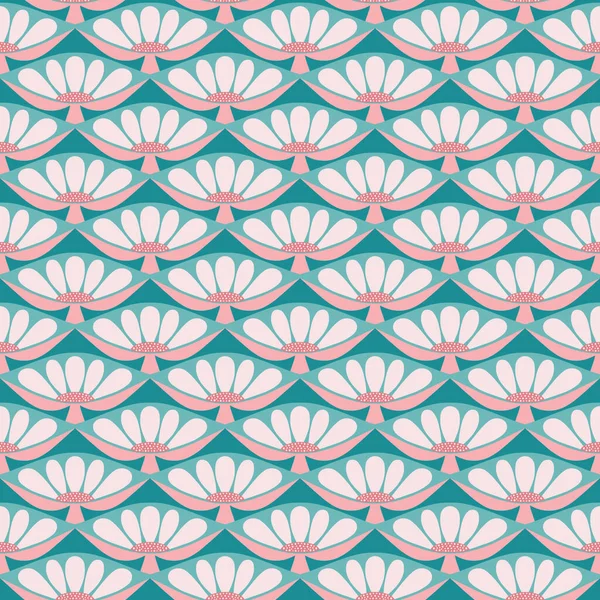 분홍색, 빨간색, 초록색의 꽃없는 바닷말의 반복 패턴은 기하학적 인 설계로 꽃 과 나뭇잎의 아름다운 벡터 배경을 이루고 있다. — 스톡 벡터