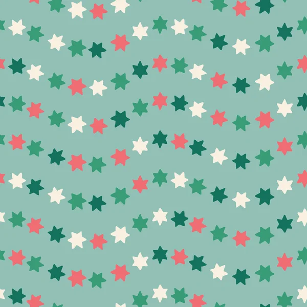 Christmas star seamless pattern background in green, red and white. Hand drawn seasonal vector repeat design. — Stock Vector