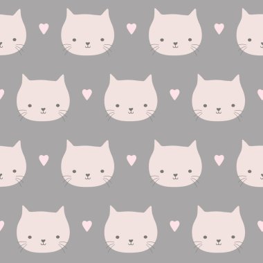 Pembe ve gri renkli tatlı kedi yüzlerinin ve kalplerin kusursuz bir tekrarı. Çocuklar ve bebekler için el çizimi vektör tasarımı ideali.