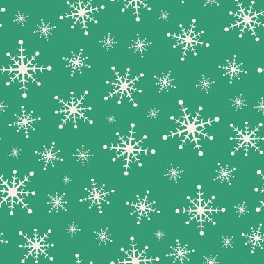 Noel Geometrik Kar Tanesi kusursuz desenli arka plan. El çizimi atılmış mevsimsel vektör yeşil ve beyaz olarak tekrarla.