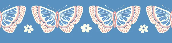 Kelebek Çiçek Sınır Deseni Tasarımı Şirin Vektörsüz Böcek Afişini Tekrarla — Stok Vektör
