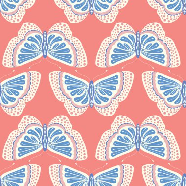 Kelebek desenli tasarım. Şirin vektör, turuncu ve mavi renkli böcek arkaplan çizimi tekrarla.