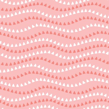 Üçgen dalga deseni. Dalgalı çizgilerle pembe ve beyaz üçgenlerin şirin, pürüzsüz tekrarı. Eğlenceli tasarım arkaplan ögesi.