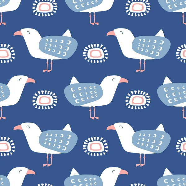 Diseño de patrón de gaviota. Divertido pájaro marino y vector solar sin costura repetir fondo junto al mar. — Vector de stock