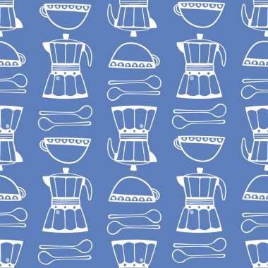 Espresso kahve desenli tasarım. Mavi ve beyaz vektör pürüzsüz tekrarla