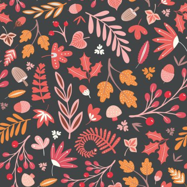 Sonbahar ve Sonbahar ormanlık desen tasarımı sıcak renklerde. Atılmış vektör pürüzsüz tekrarlama illüstrasyonu. 