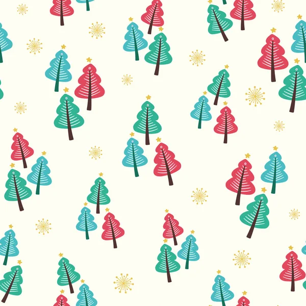 Projeto de fundo padrão de árvore de Natal. Bonito vetor sazonal sem costura repetição ilustração de árvores, estrelas e flocos de neve. — Vetor de Stock