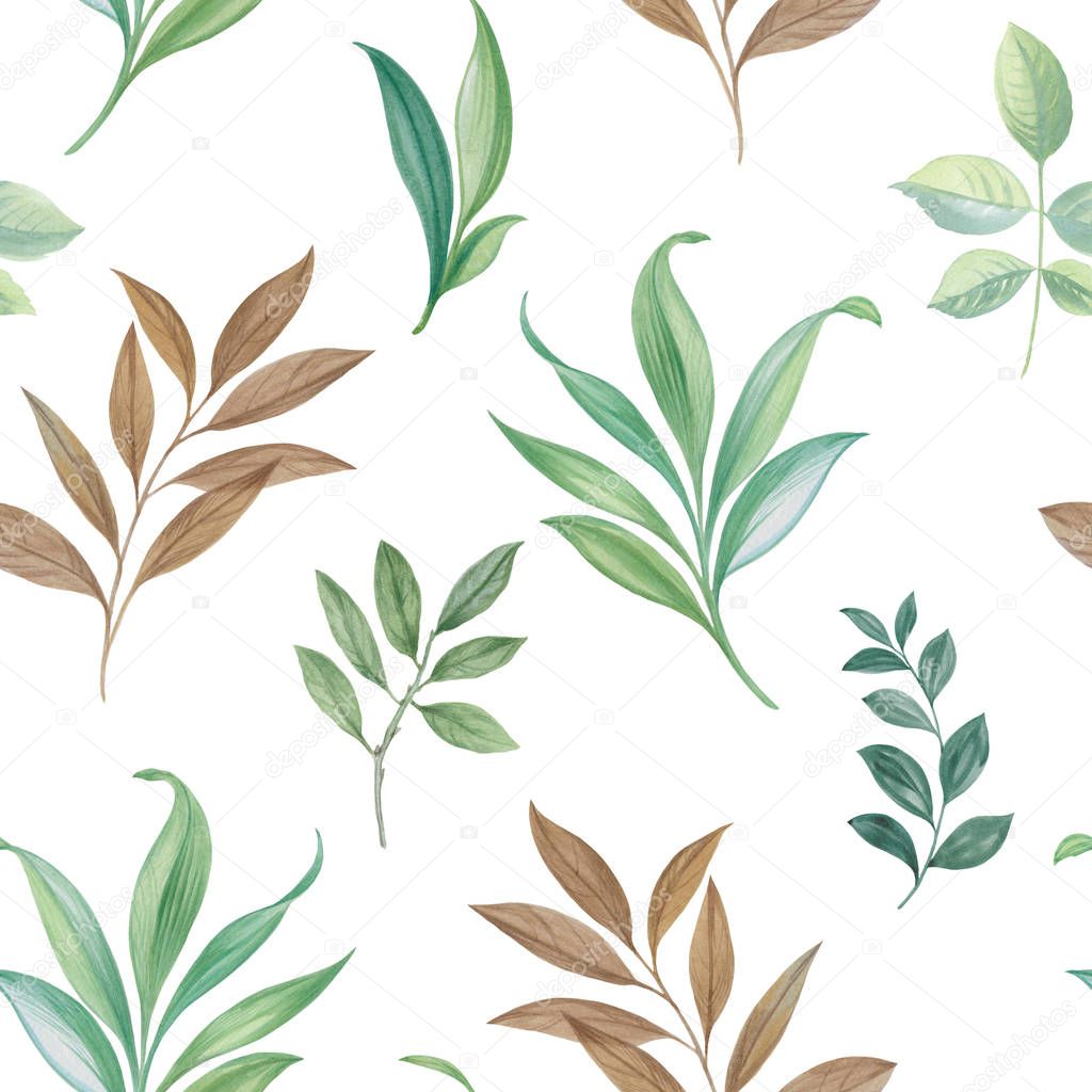 Seamless watercolor leaves. Hand painted leaves of different colors on a white background. Leaves for design.