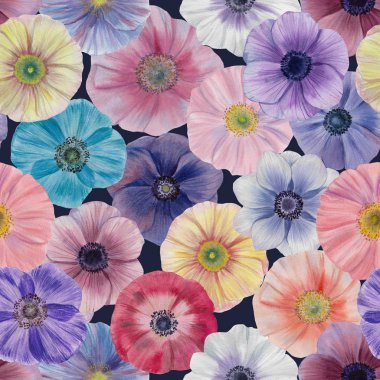Dikişsiz suluboya çiçekler deseni. Poppies çiçekleri. Farklı renklerde el boyalı çiçekler. Çiçekler için tasarım.  