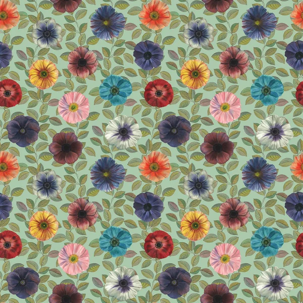 Seamless Watercolor Flowers Pattern Hand Painted Flowers Leaves Different Colors — Stock Photo, Image