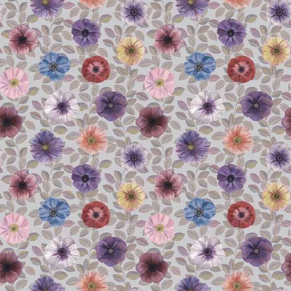 Seamless Watercolor Flowers Pattern Hand Painted Flowers Leaves Different Colors — Stock Photo, Image