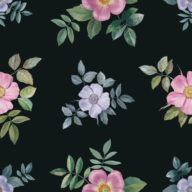 Dikişsiz suluboya çiçek deseni. Farklı renklerde el boyaması çiçekler