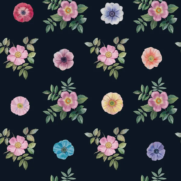 Seamless watercolor flowers pattern. Hand painted flowers of different colors. Flowers for design. Ornament flowers and leaves.