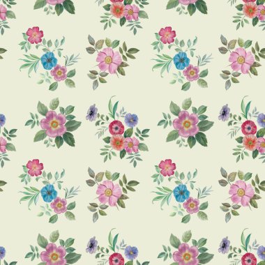 Dikişsiz suluboya çiçek deseni. Farklı renklerde el boyalı çiçekler. Tasarım için çiçekler. Süs çiçekleri ve yaprakları. 