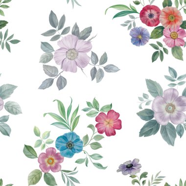 Dikişsiz suluboya deseni. Beyaz arka planda farklı renklerde el boyaması yapraklar.