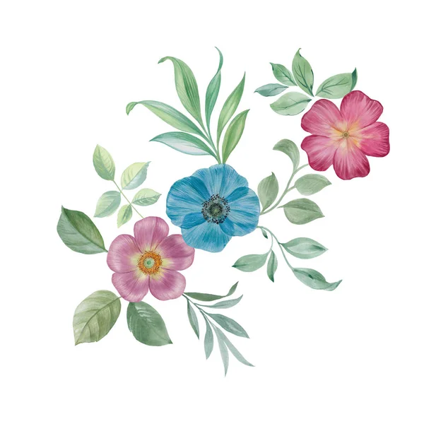 水彩玫瑰臀部花和叶子 手绘花卉插图隔离在白色背景上 水彩手绘 — 图库照片