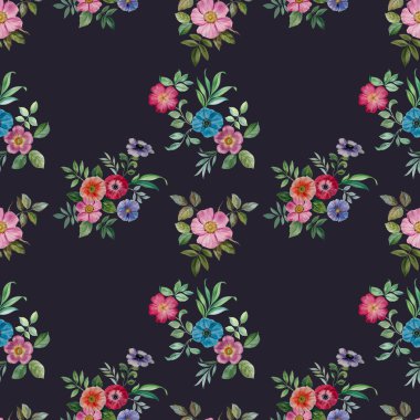 Dikişsiz suluboya çiçek deseni. Farklı renklerde el boyalı çiçekler. Tasarım için çiçekler. Süs çiçekleri ve yaprakları. 