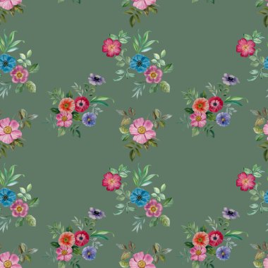 Dikişsiz suluboya çiçek deseni. Farklı renklerde el boyalı çiçekler. Tasarım için çiçekler. Süs çiçekleri ve yaprakları. 