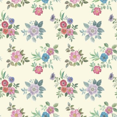 Dikişsiz suluboya çiçek deseni. Farklı renklerde el boyalı çiçekler. Tasarım için çiçekler. Süs çiçekleri ve yaprakları. 