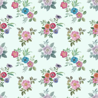 Dikişsiz suluboya çiçek deseni. Farklı renklerde el boyalı çiçekler. Tasarım için çiçekler. Süs çiçekleri ve yaprakları. 