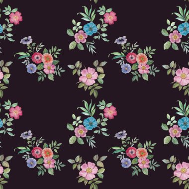 Dikişsiz suluboya çiçek deseni. Farklı renklerde el boyalı çiçekler. Tasarım için çiçekler. Süs çiçekleri ve yaprakları. 