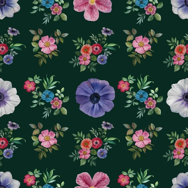 Patrón Flores Acuarela Sin Costuras Flores Pintadas Mano Diferentes Colores —  Fotos de Stock