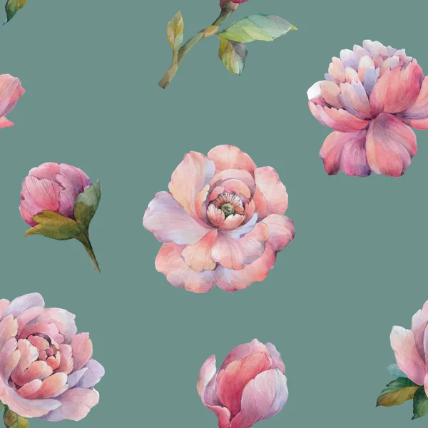Seamless watercolor flowers pattern. Watercolor peony flowers. Hand painted flowers. Flowers for design. Ornament flowers. Seamless floral pattern.