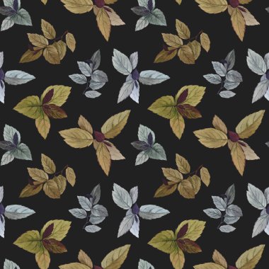 Dikişsiz suluboya deseni. Ambalaj, duvar kağıdı, kumaş için çizilmiş yaprakları. Tasarım öğesi. Suluboya boyalı yaprakları. Sanat tasarımı için zarif yapraklar. 