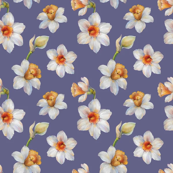 Dikişsiz suluboya çiçek deseni. Suluboya çiçekleri narcissus. Dikişsiz çiçek deseni. El boyaması çiçekler. Tasarım için çiçekler. 