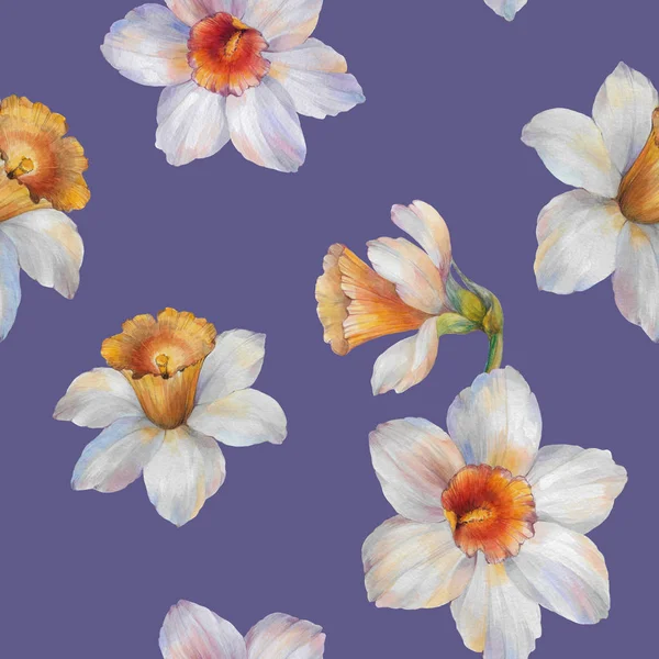 Seamless watercolor flowers pattern. Watercolor flowers narcissus. Seamless floral pattern. Hand painted flowers. Flowers for design.