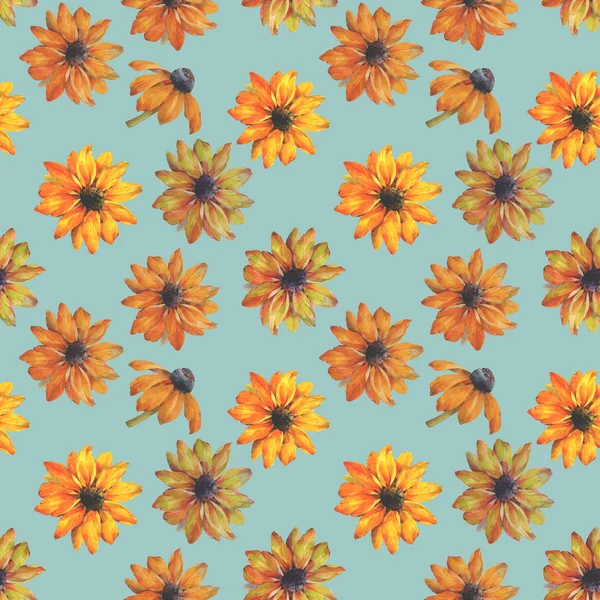 Seamless watercolor flowers pattern. Hand painted yellow flowers. Flower pattern for design. Seamless floral pattern. Drawn flowers for packaging, wallpaper, fabric.