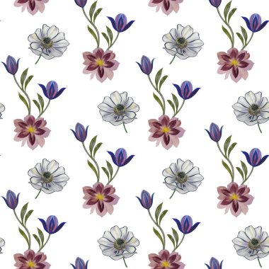 Dikişsiz suluboya çiçek deseni. Beyaz bir arka plan üzerinde el boyalı çiçekler. Farklı renklerde el boyalı çiçekler. Tasarım için çiçekler. Süs çiçekleri. Dikişsiz botanik suluboya egzotik çiçek deseni.