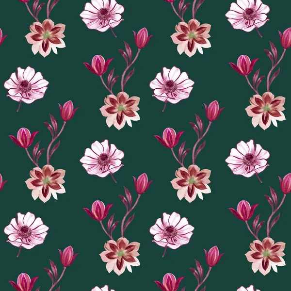 Patrón Flores Acuarela Sin Costuras Flores Pintadas Mano Para Diseño —  Fotos de Stock